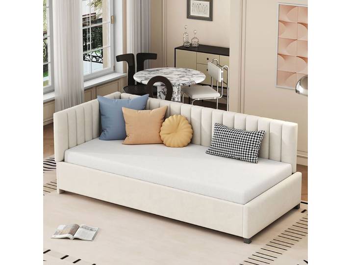 Lit adulte Lit gigogne Lit 90x200 lit simple avec sommier lattes Canap-lit pour le salon Tissu velours Beige