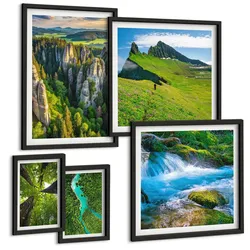 BILDER SET 5er Set - 50x50 cm & 20x30 cm & 40x60 cm Schwarzer Rahmen - Wasserfälle grüner Wald Wasser
