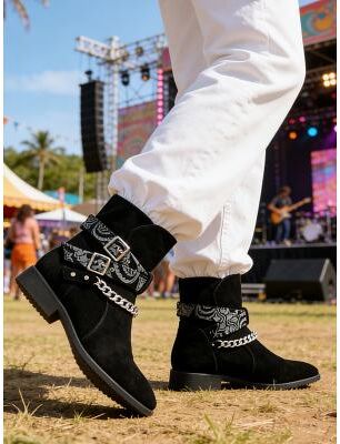LightInthebox Men's Tan Western Ankle Boots Chain Strap Fashion Cowboy Boots for Music Festival, Concert Outfits, Rodeo Style, Outdoor Parties, Streetwear and Bold Trendy Looks
