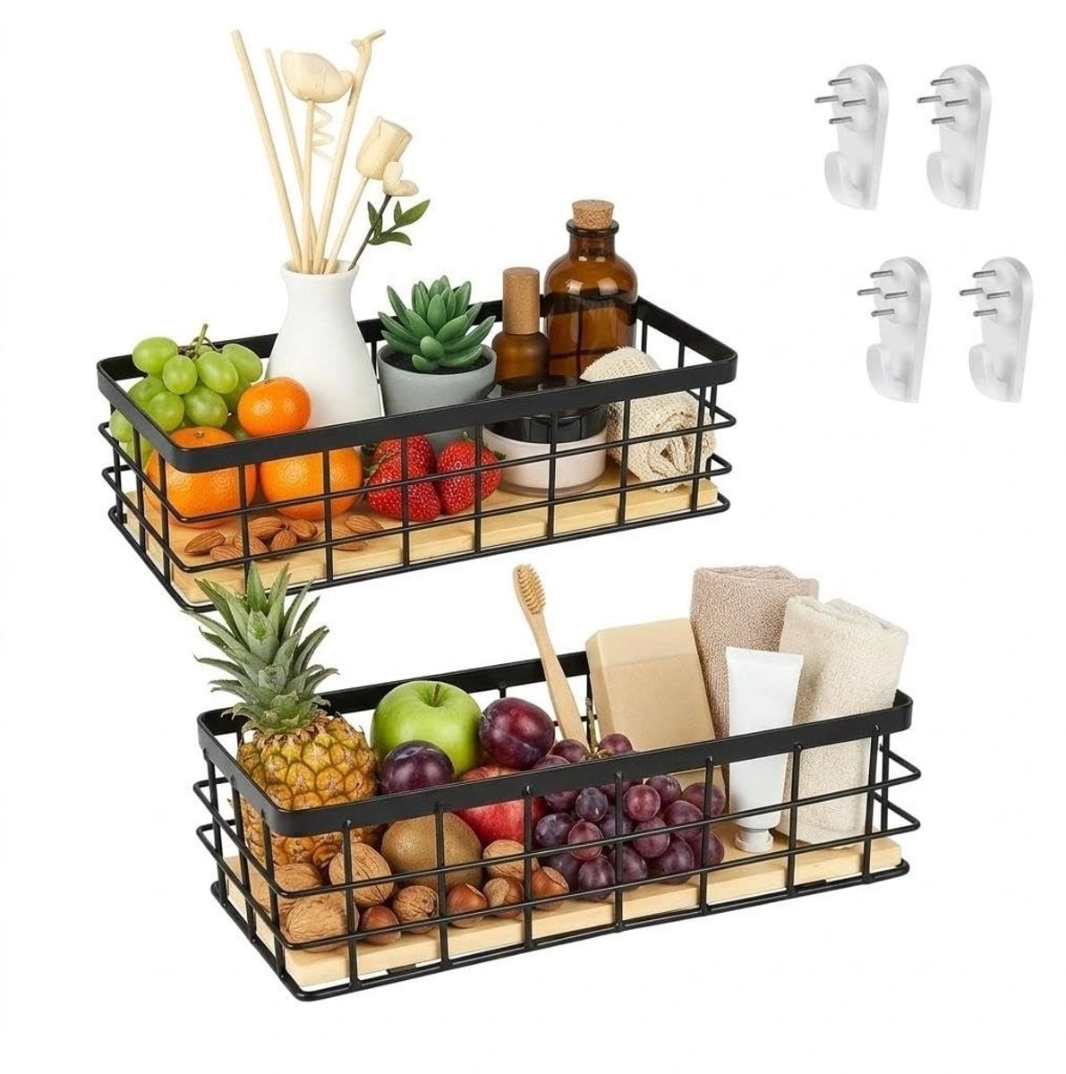 Dailygoods Set van 2 Metalen Draadmanden met Houten Sokkel voor Keuken of Badkamer