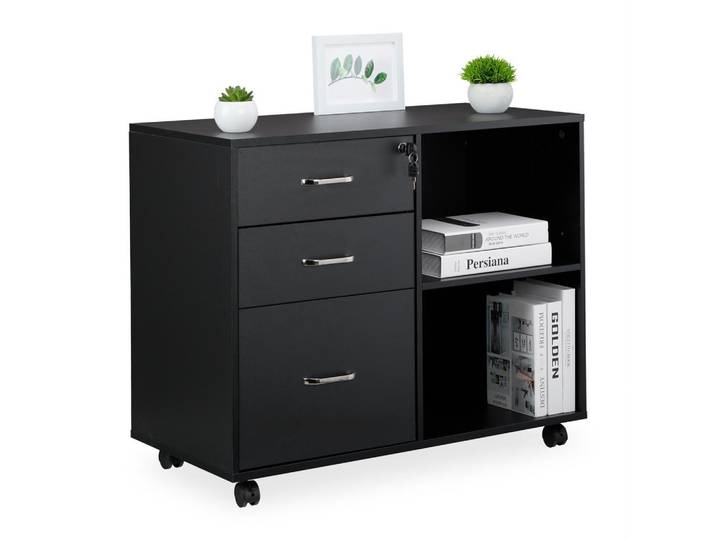 Relaxdays Rollcontainer Industrial-Schwarz abschließbar 3 Schubladen 66x80x40 cm, Kunststoff, 1 Fächer, 80x66x40 cm, Büromöbel, Schreibtischcontainer, Rollcontainer