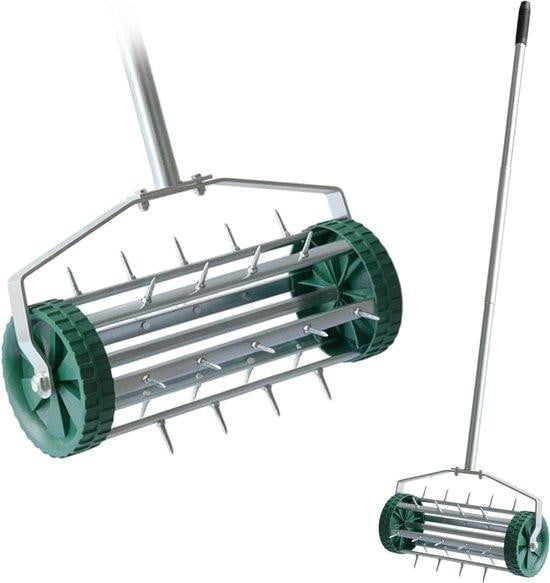 Spetebo Gazonbeluchter Rol met 27 stalen spikes voor gazononderhoud, Zilver Groen, B: 148 cm, D: 44 cm