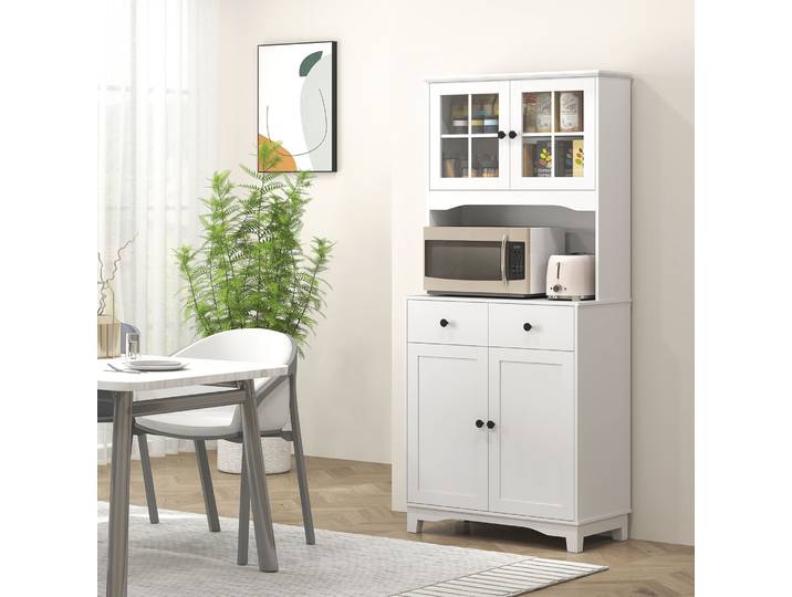 HOMCOM Meuble de cuisine indépendant avec plan de travail pour micro-ondes, machine à café, armoires, portes en verre, Blanc