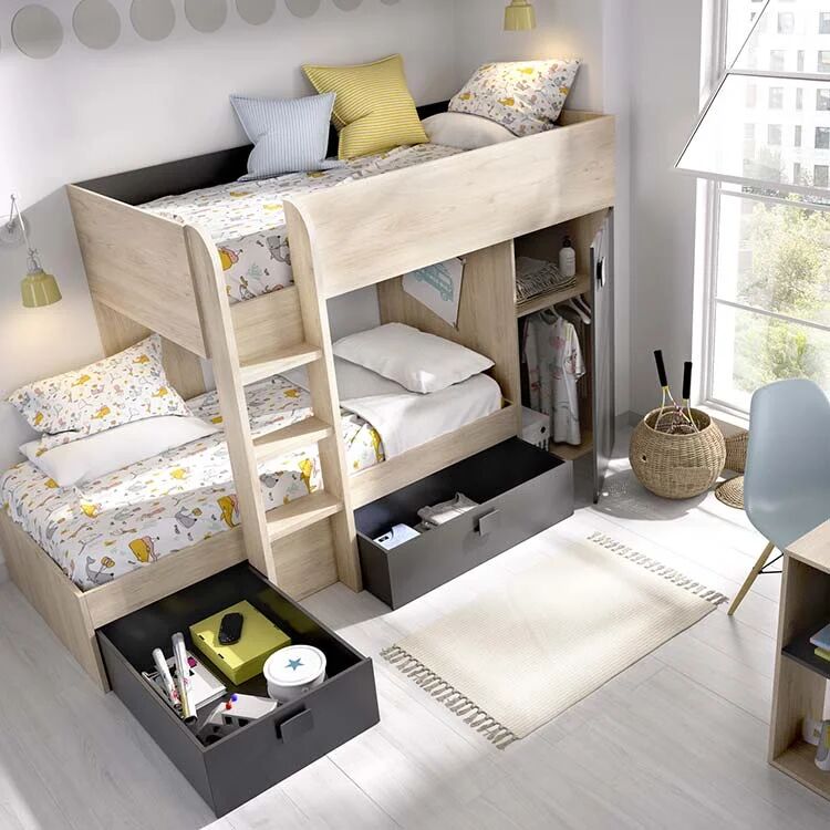 garneroarredamenti Letto a castello per bambini con armadio 255x112cm rovere grafite Sole