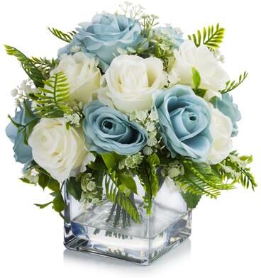 Enova Home Mixed Blue and Cream Artificial Silk Roses Faux Flowers Arrangement in Cube Glass Vase for Home Wedding Decoration
