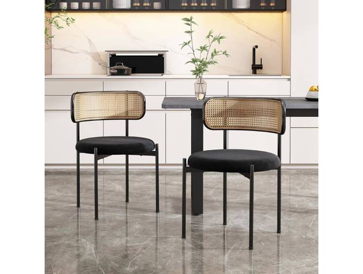 Lot de 2 chaises de cuisine modernes avec dossier en rotin - avec quatre pieds de support en métal - velours - noir
