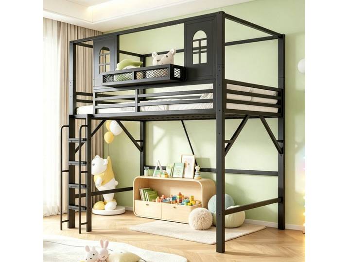 Kinder-Hochbett 90x200cm Dachdesign Metall Noir - Lit Enfant Multifonctionnel avec Fenêtres et Étagère
