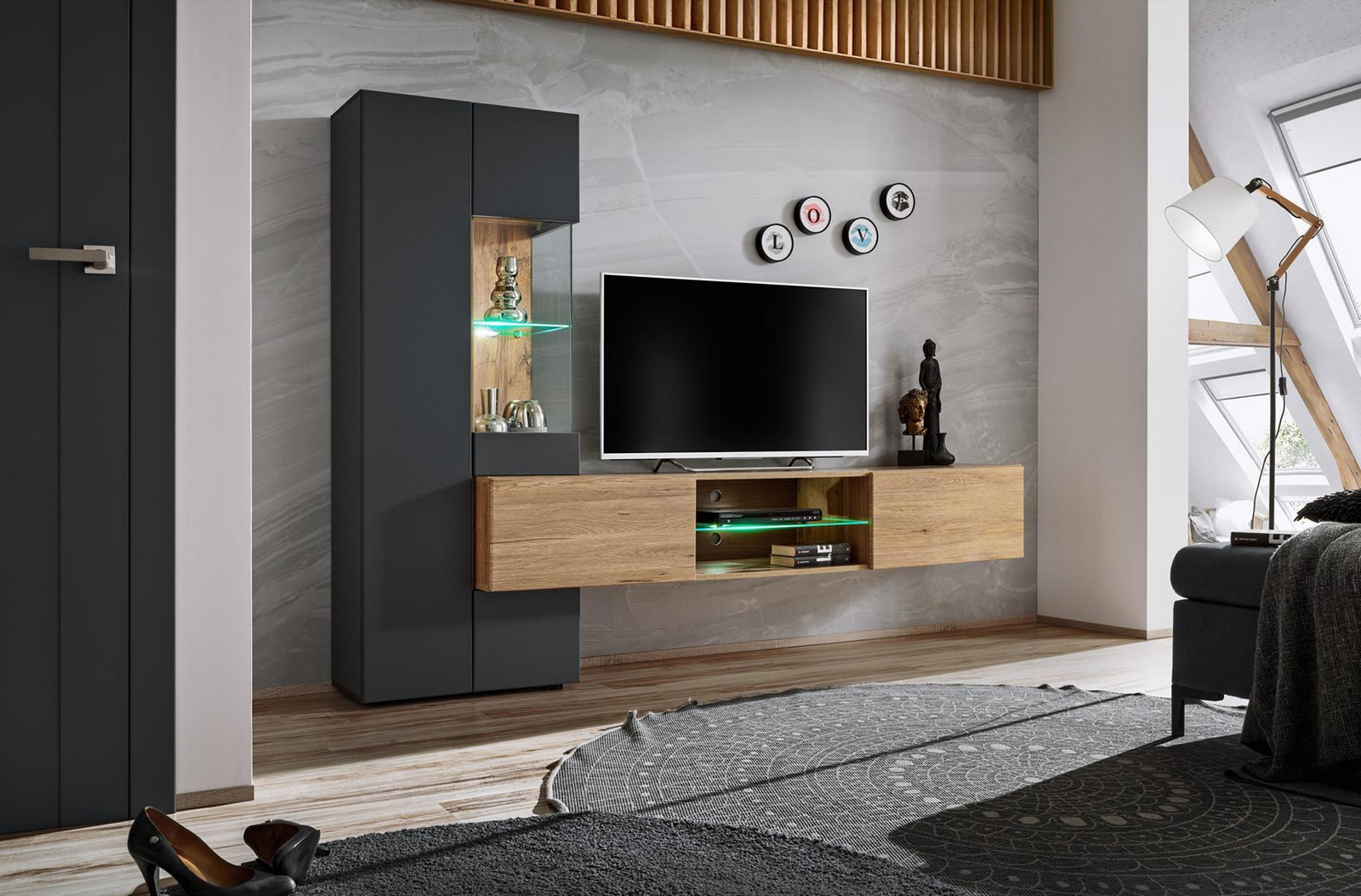 Grau Komplett Wohnwand Luxus Designer Regal voor in uw woonkamer
