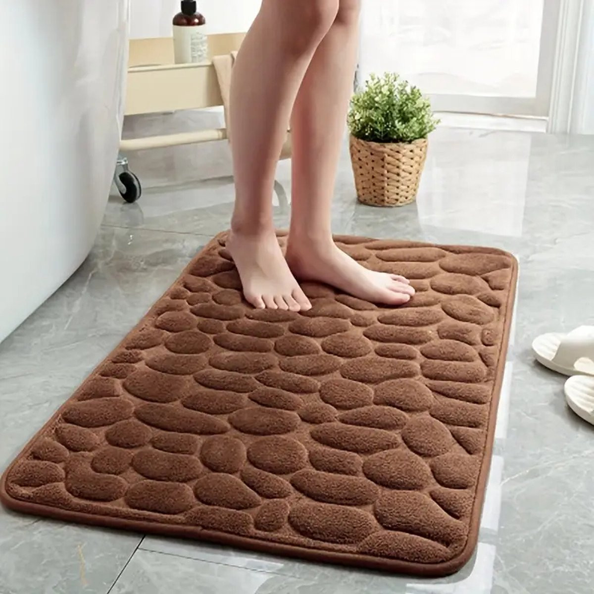 PolkaHome Droogloopmat Badmat van Traagschuim met Kiezeltekening, Antislip en Superzachte Vezels, Koffie, 40 x 60 cm