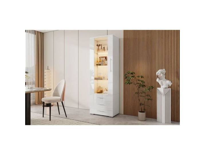 Vitrine en verre blanche haute brillance 60x35x180cm verticale sur pied 3 tiroirs éclairage LED