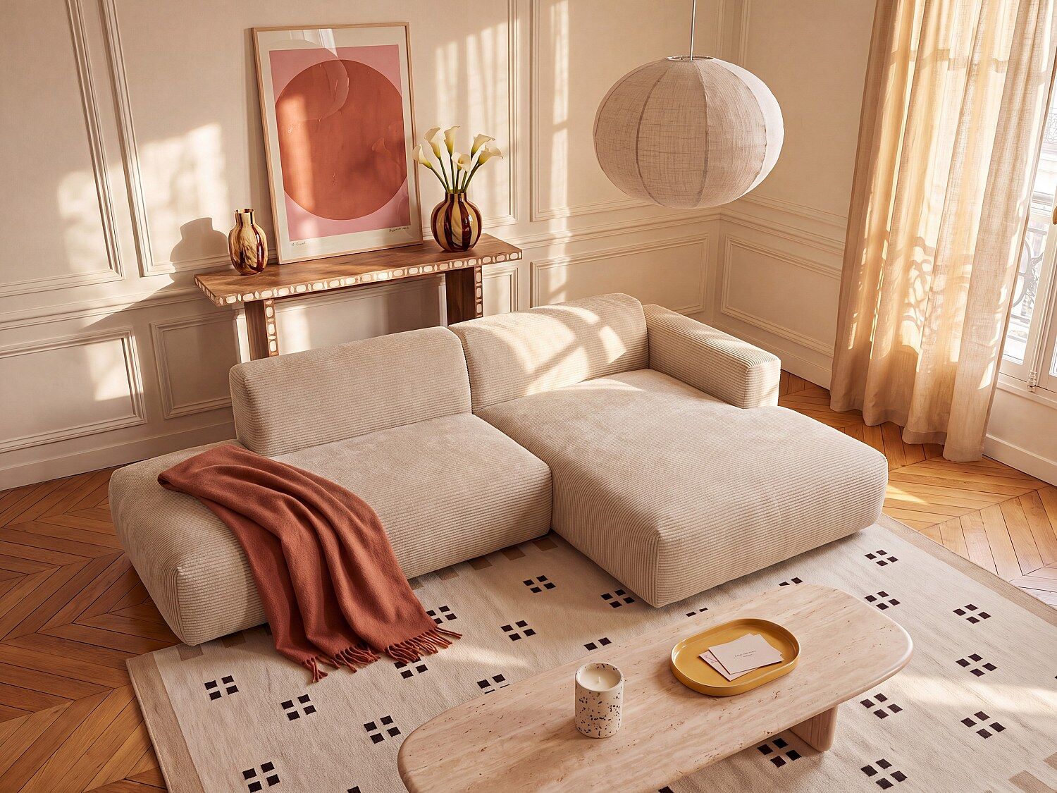 Unique Sofá modular rinconera derecha abierto de pana fina beige - POGNI de Maison Céphy
