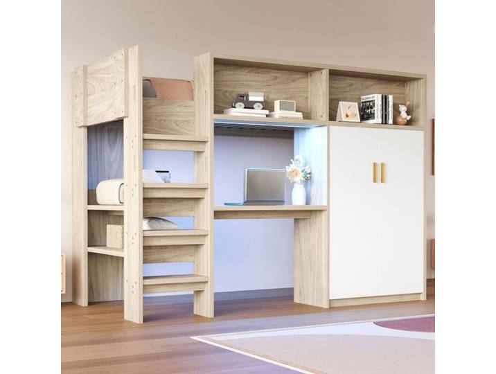 Lit mezzanine combiné enfant - SOGEU - 90x200 - Bureau intégré - Armoire 2 portes - Éclairage LED ajustable