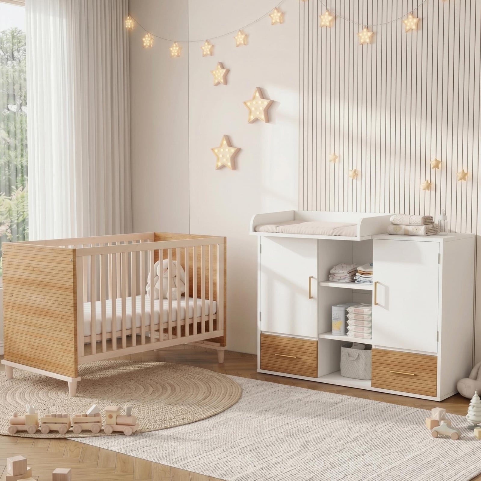 MODFU Wickelcommode en boxset met wieg, natuurlijke en witte kleuren