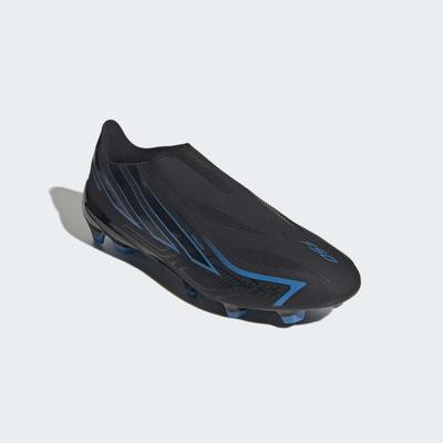 Fußballschuh ADIDAS PERFORMANCE "F50 HYPERFAST LEAGUE, FESTE BÖDEN, OHNE SCHNÜRSENKEL", Herren, Gr. 46, core schwarz, core schwarz, lucid ray blau, Synthetik, Textil, Schuhe Fußballschuh, Außensohle für Rasen und feste Böden