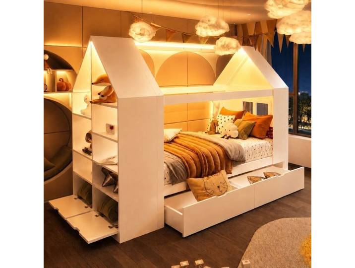 Lit cabane pour enfants 90×200 cm avec 2 tiroirs éclairage LED espace de rangement adapté aux enfants et aux adolescents blanc