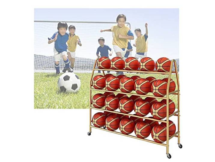 Ball-Aufbewahrungsregal 4Stufen Metallregal Mit Rollen Basketball Ballregal Platzsparend Sportausrüstung Organizer 97cm 123cm 140cm Aufbewahrung Regal Ballwagen(Gold,123CM)