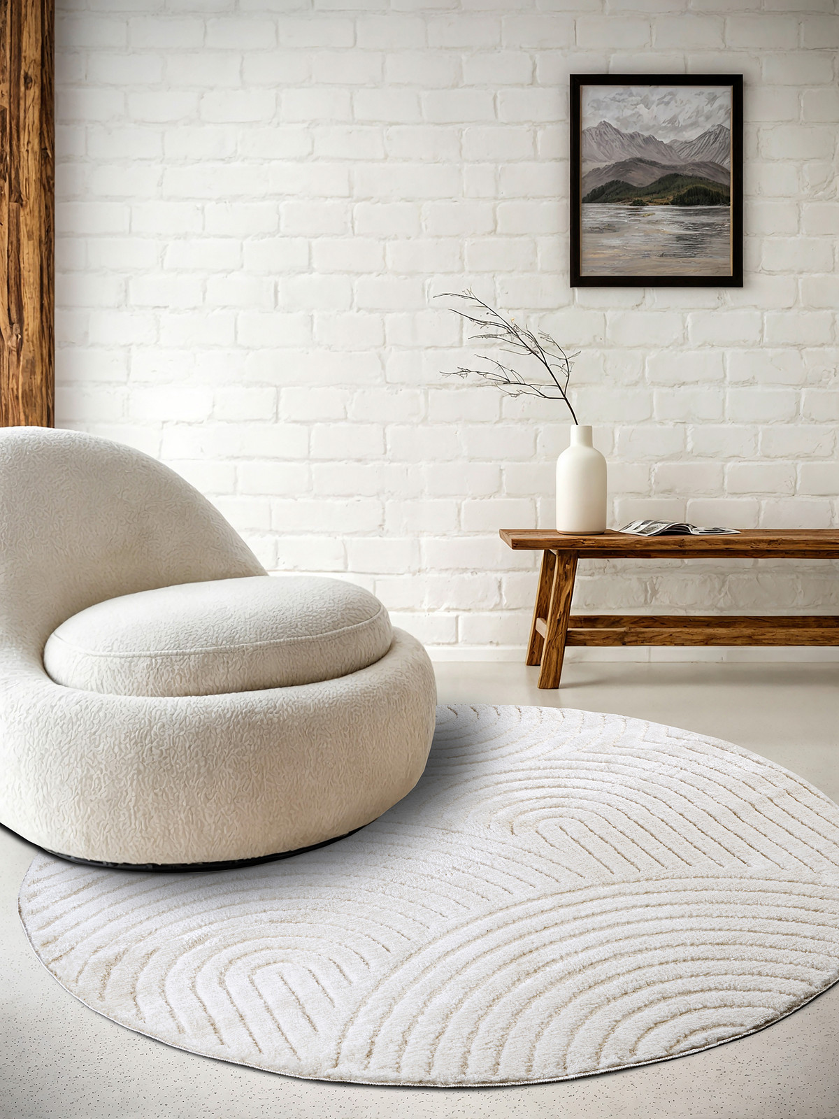 home24 Hoogpolig vloerkleed Panglao rond Ø 160 cm wit