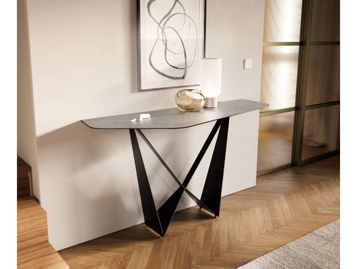 DELIFE Konsolentisch Edge Polygonal 140x50 cm Keramik Beton Grau Spios Metall Schwarz, Konsolentische