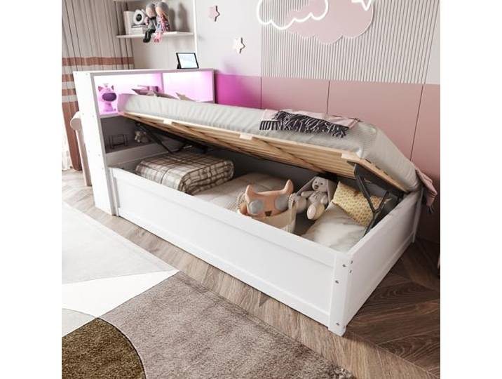 Ball & Cast Einzelbett (90x200cm) mit Hydraulisch Stauraum, Sofabett mit Mehrfachsteckdose und Lichtleiste, Einfach & Zeitsparend Montierbar, Weiß