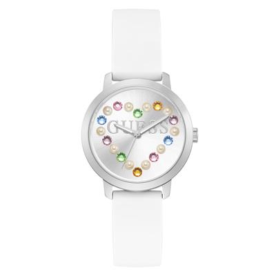 Quarzuhr GUESS "DEVOTION", bunt (weiß), Armbanduhren, Damen, Quarzuhr, Armbanduhr, Damenuhr, Silikonarmband, analog