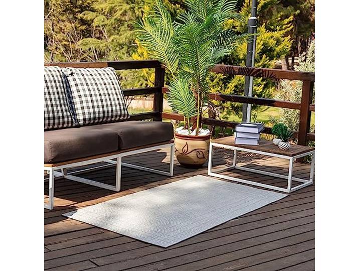 Livabliss Erzin Outdoor Teppich wetterfest - In und Outdoor Teppich für Balkon 80x150 cm, Terrasse, Garten, Küche - Teppiche Boho Style für draußen - Hellgrau und Elfenbein