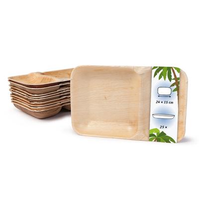 onlyleaf 25 Stück Einwegteller Menüschale 24x15cm, Palmblatt Geschirr, Palmblatt Teller, rechteckige Menüteller mit 2 Kammern, biologisch abbaubar