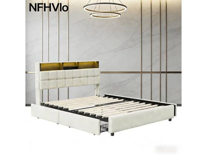 NFHVlo Lit rembourré 140 x 200 cm (sans matelas) cadre de lit double avec 4 tiroirs lit coffre à lattes grand espace de rangement