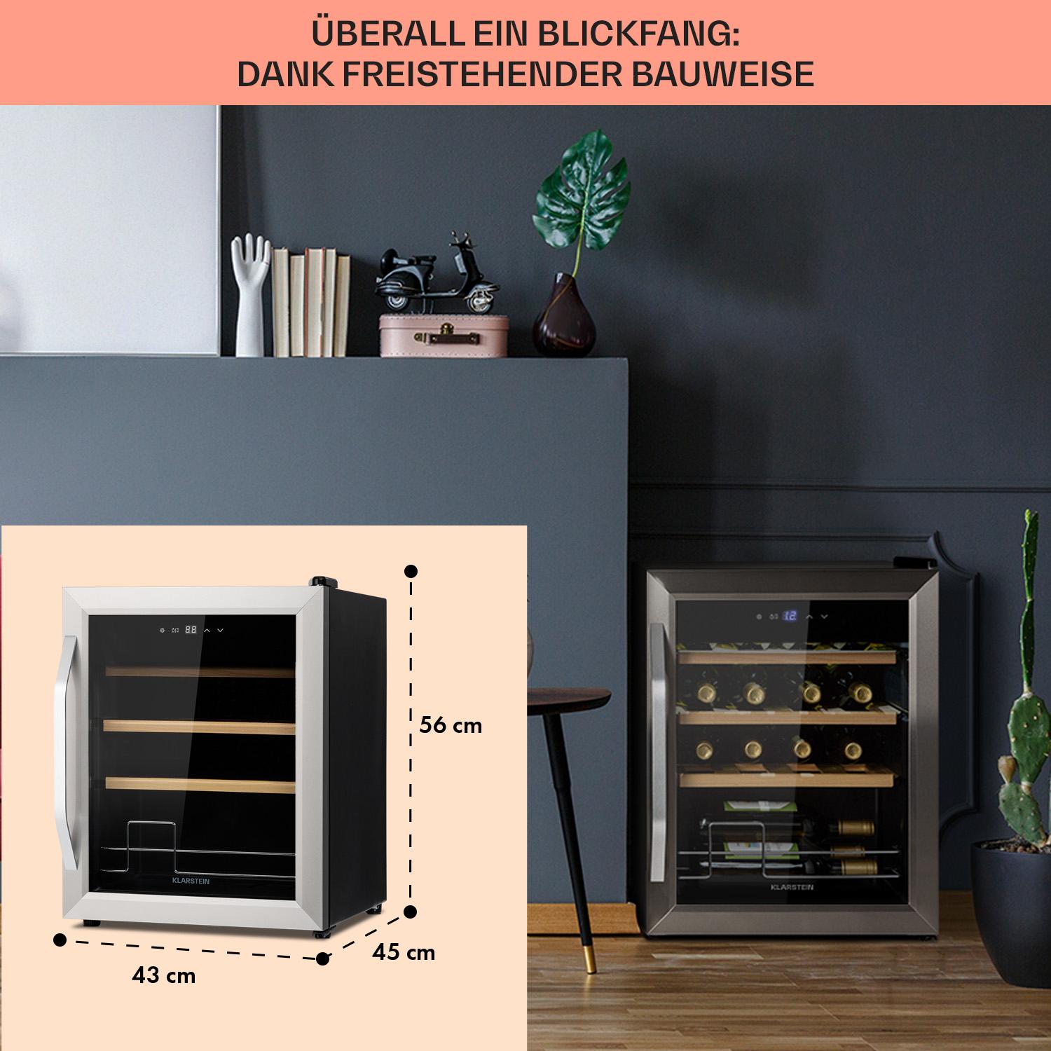 Klarstein Weinkühlschrank, Getränkekühlschrank Schmal, Kühlschrank mit Glastür, Getränkekühlschränke Freistehend, Weinkühlschrank Klein, Weinkühlschränke 1 Zone, UV-Schutz, 5-18 °C, 16 Flaschen