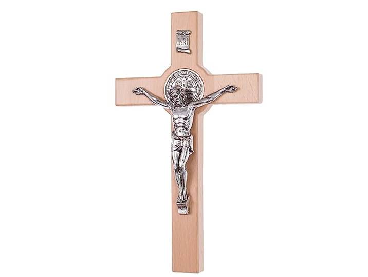 Drewniane Krzyże Hangend kruis van Sint Benedictus met passiekruis hangkruis van beukenhout (natuurlijk hout, 28x16x1,8cm)