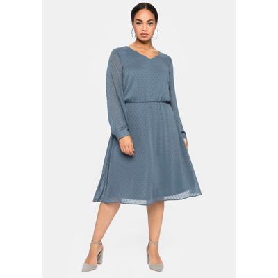 Abendkleid SHEEGO "Abendkleid", Damen, Gr. 48, Normalgrößen, Langarm, blau (stahlblau), 100% Polyester, gemustert, unifarben, knielang, V-Ausschnitt, Kleider Abendkleid