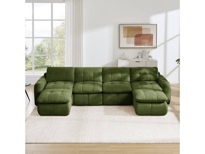 BBWL Sofa rahmenlos, Chenille, Karostepp-Design, tiefe Sitze, 2 Ottomanen, 4-Sitzer U-Modulsofa, flexibel kombinierbar