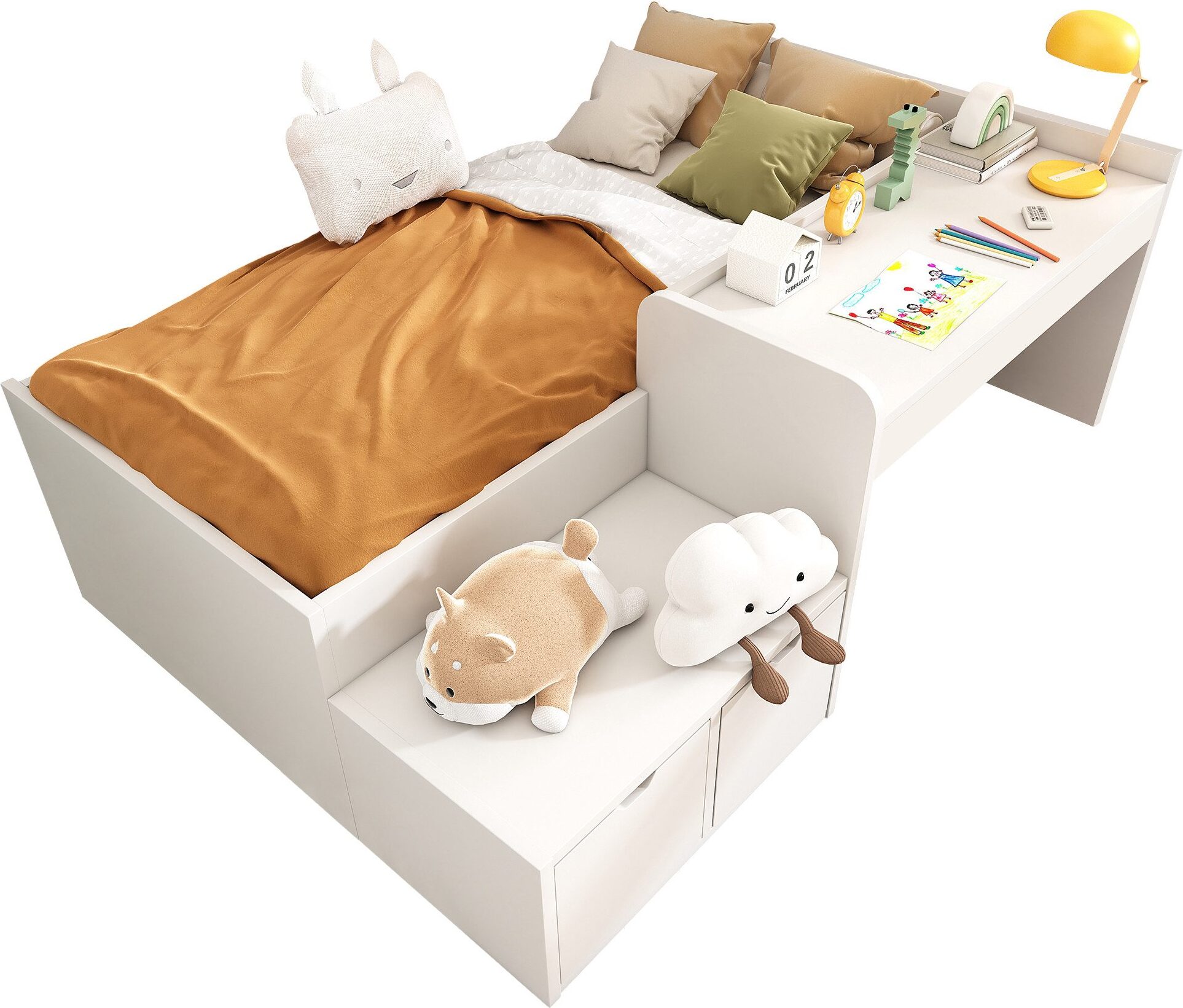 Kinderbett 90x200cm Massivholz Einzelbett (Ohne Matratze) mit Schreibtisch und Schubladen Weiss Stauraumbett mit Lattenrost Jugendbett