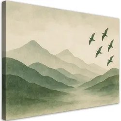 LEINWANDBILD Berge Natur Aquarell Grün Vögel 90x60cm