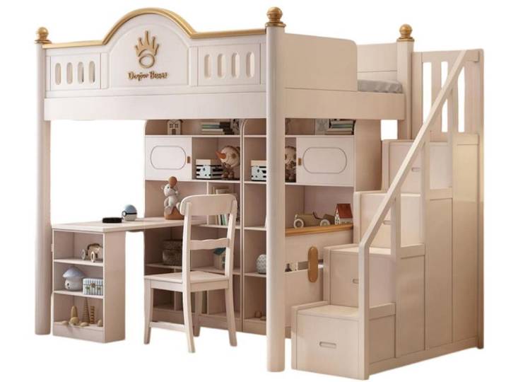 JVmoebel Etagenbett Weißes Holz Hochbett mit integriertem Schreibtisch für Kinder (1-St), Made in Europe
