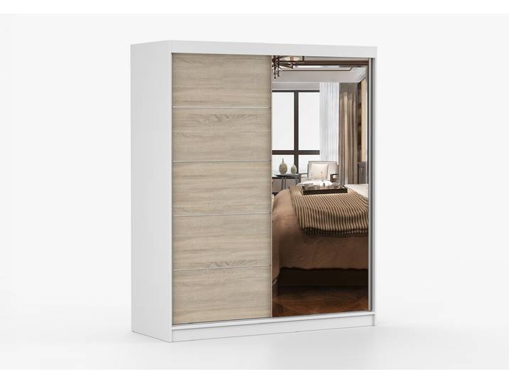 Schwebetürenschrank BONO 05 160 cm Weiß Sonoma Eiche + Spiegel