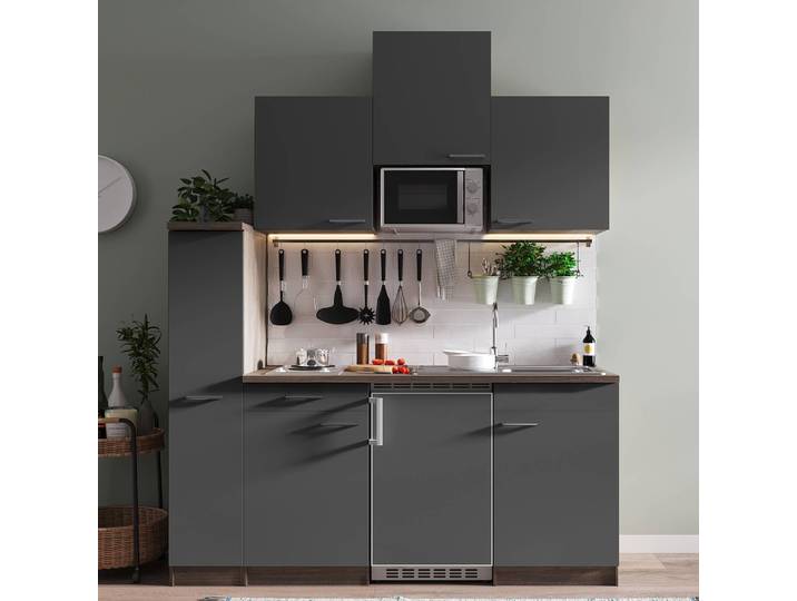 Cuisine Oliver II 180cm Gris/Gris/Imitation chêne foncé Plaque de cuisson
