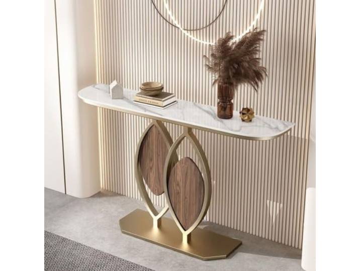 Moderner Konsolentisch mit Sinterstein, schmaler Flurtisch für Eingang Sintersteinplatte, kratzfest, schmaler Flurtisch, Metallgestell, modernes Design(Gold+White,47.2in*11.8in)