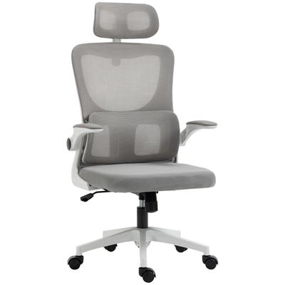 OKWISH Bürostuhl ergonomisch Mesh Grau 60x59x122 cm höhenverstellbar mit Armlehnen Kopfstütze Lendenstütze Wippfunktion für komfortables Arbeiten