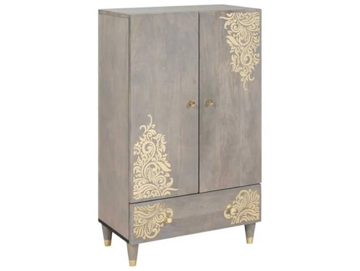 Highboard Grau 60 x 33 x 100 cm Massivholz Mango Goldenes Siebdruckdesign, Messinggriffe und -beine, Mango-Holz, Holzwerkstoffe, Scharniertüren, pflegeleicht, Wohnzimmer