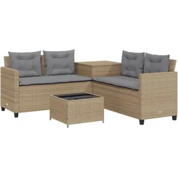 vidaXL Gartensofa in L-Form mit Tisch und Kissen Beige Poly Rattan