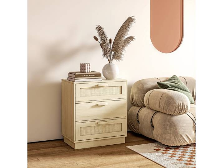 HOMCOM Commode Bohème Rotin 3 Tiroirs Bois Naturel