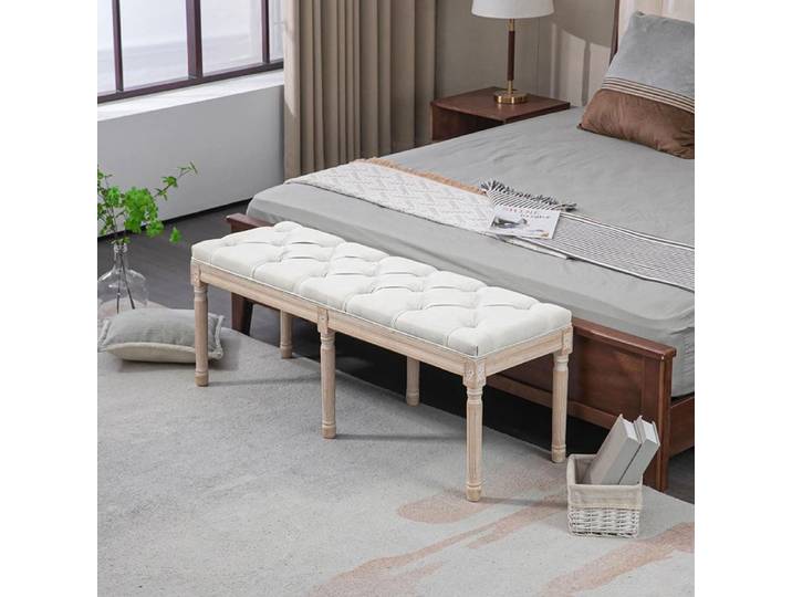 Bout De Lit Banc Banquette capitonnée style vintage français 120x38x61 5 cm tissu Lin Crème