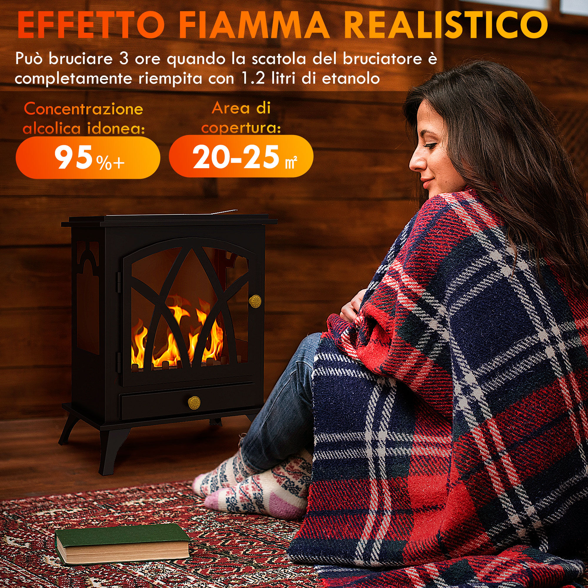 Altro Camino A Bioetanolo Da Terra Con Bruciatore Da 1.2l E Copertura 25?, 45x28x54cm, Nero