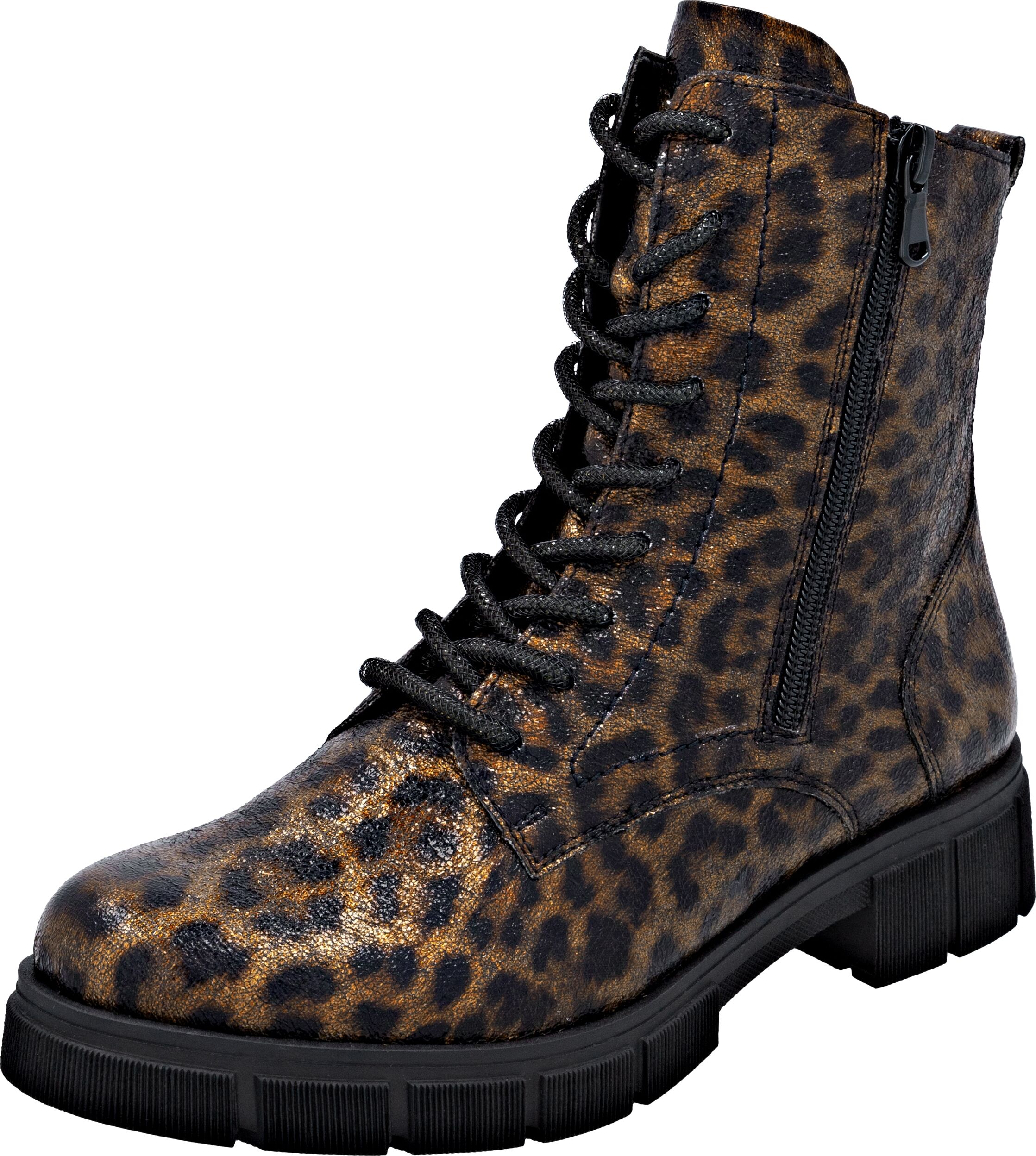 Schnürstiefelette REMONTE, Damen, Gr. 38, wärmend, braun (leo antik), Lederimitat, metallic, Schuhe Schnürstiefelette, Schnürboots, Stiefelette, Profilsohle, mit Glitzer-Schnürsenkel leo antik 38, wärmend