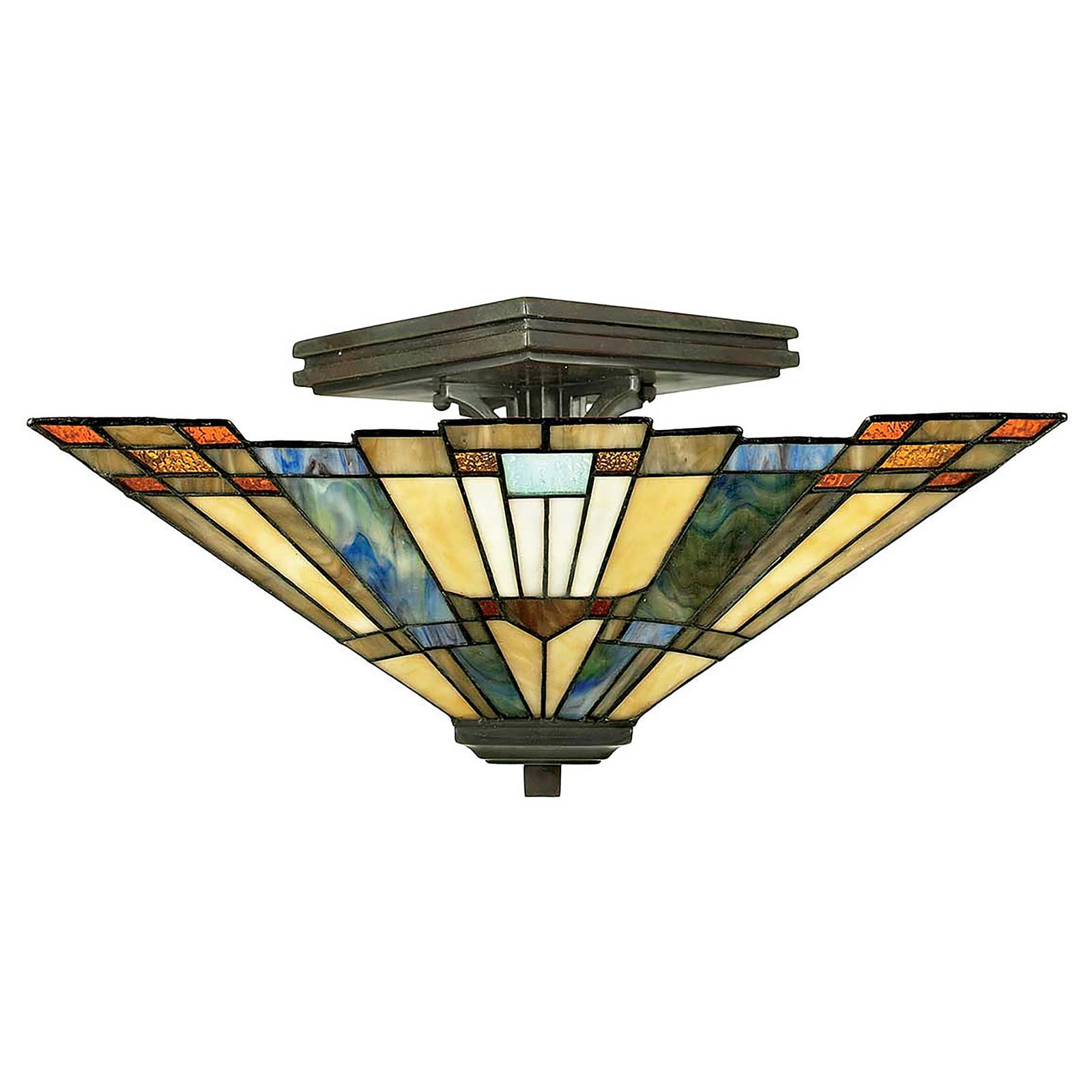 QUOIZEL Inglenook plafondlamp Tiffany stijl, veelkleurig glas en metaal, E27, Ø 36 cm