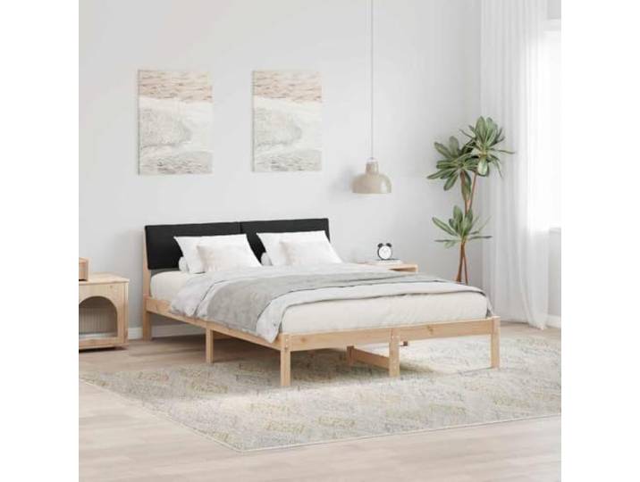 RJPLMFV Bettgestell, Massivholz, Kiefer, 135 x 190 cm, Braun Mit gepolstertem Kopfteil, moderner Plattform, quadratischen Füßen, ohne Lattenrost, modernes Design