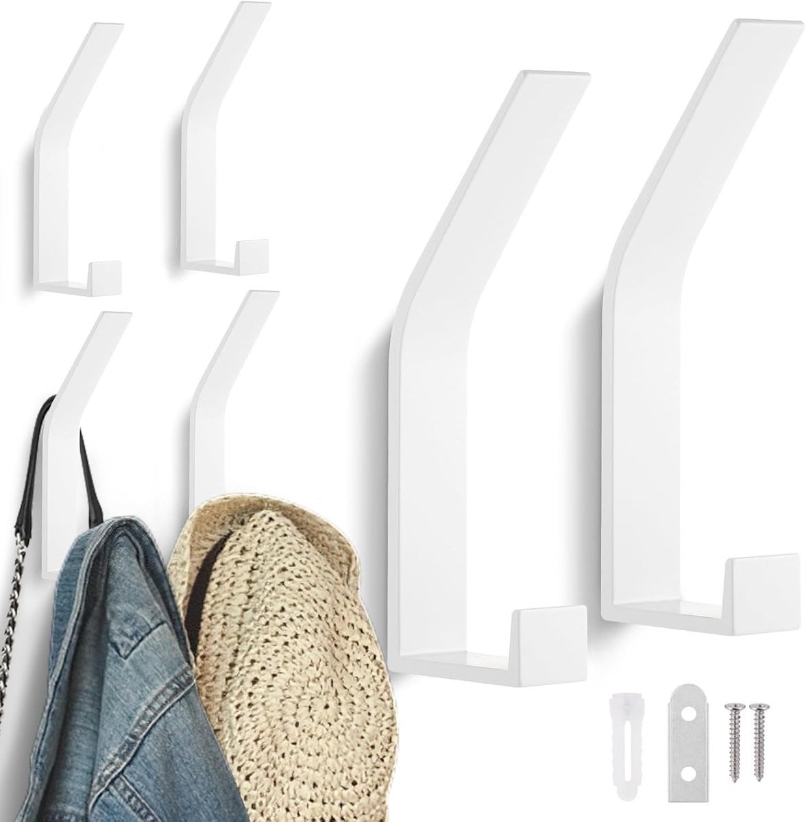 Set van 6 moderne wandkapstokken voor kleding en jassen, wit
