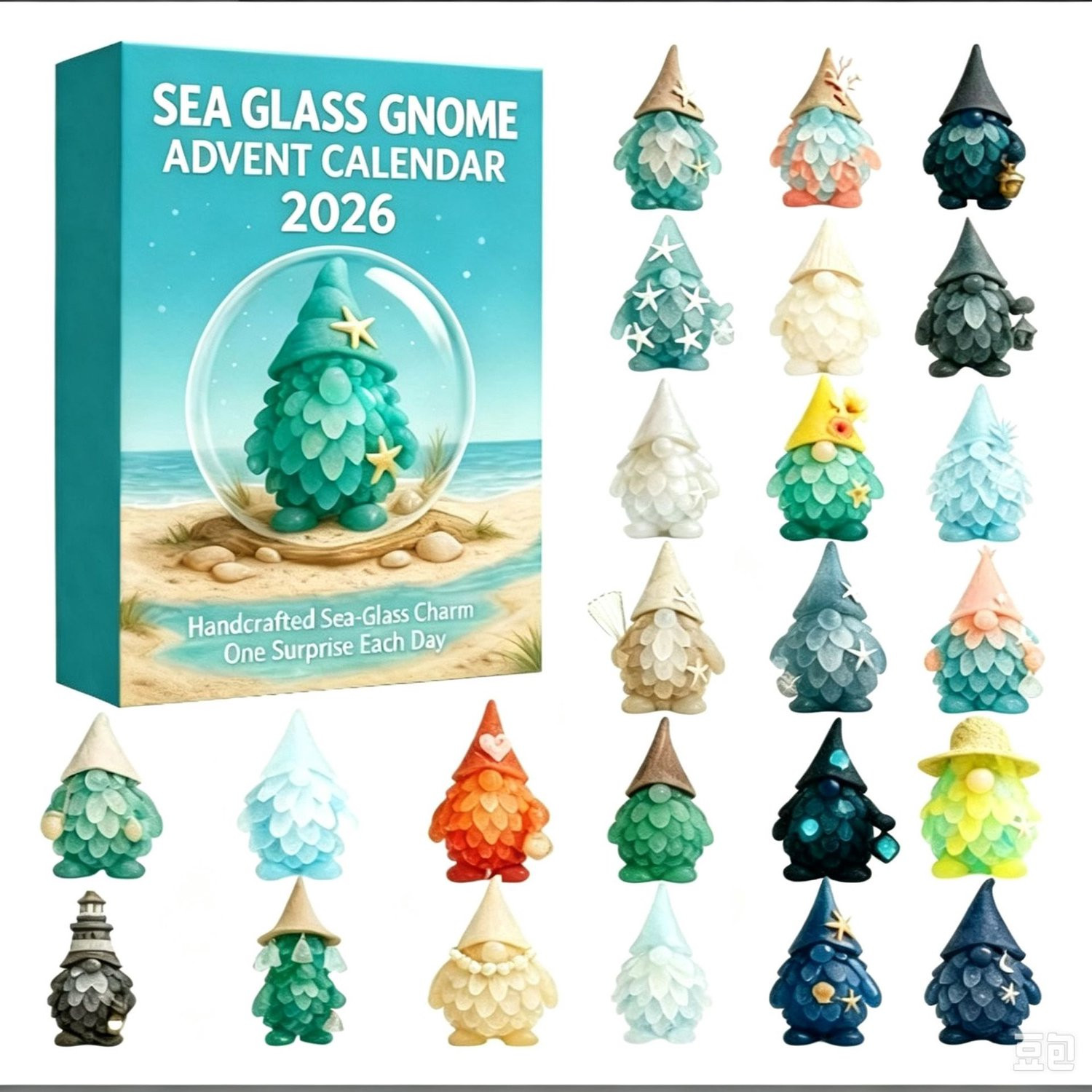 Adventskalender Sea Glass Gnome met 24 handgemaakte zeeglas kabouter ornamenten