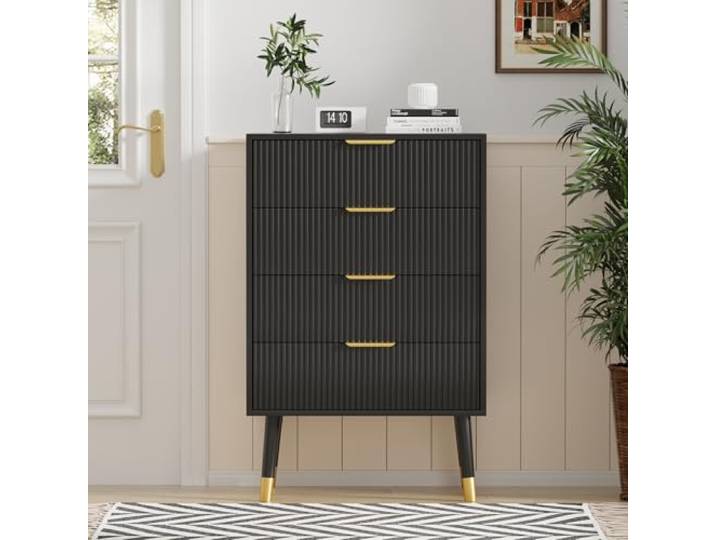Kommode Mit 4 Schubladen, Massiven Holzbeinen & Metallgriffen,60x40x89cm Moderner Nachttisch für Schlafzimmer 4-Schubladen Aufbewahrungsschrank für Schlafzimmer, Büro, Wohnzimmer, Schwarz