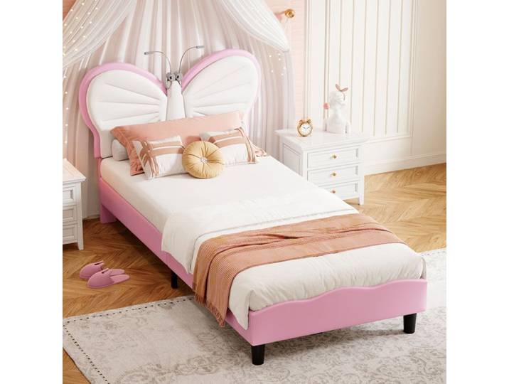 Lit Enfant 90x190 avec Led-DADEA-Lit Pour Enfant avec Sommier à Lattes Lit Princesse avec TêTe de Lit Papillon Blanc rose Flanelle